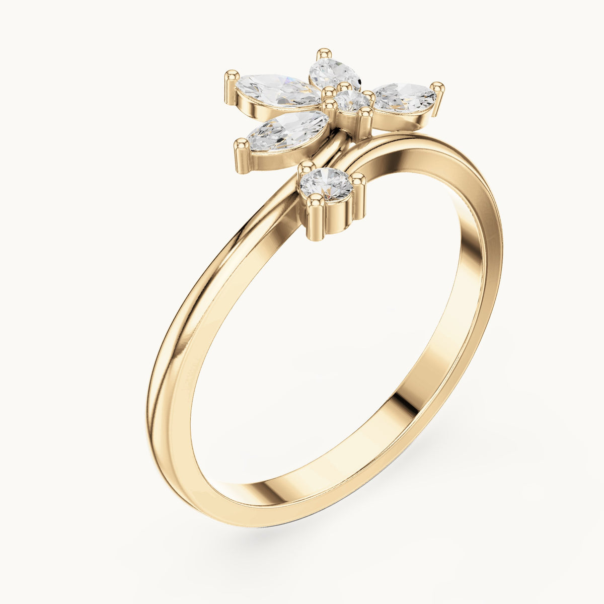 Marquise and round lab-grown diamond flower bypass ring in yellow gold, 0.26 CT TW, view 2