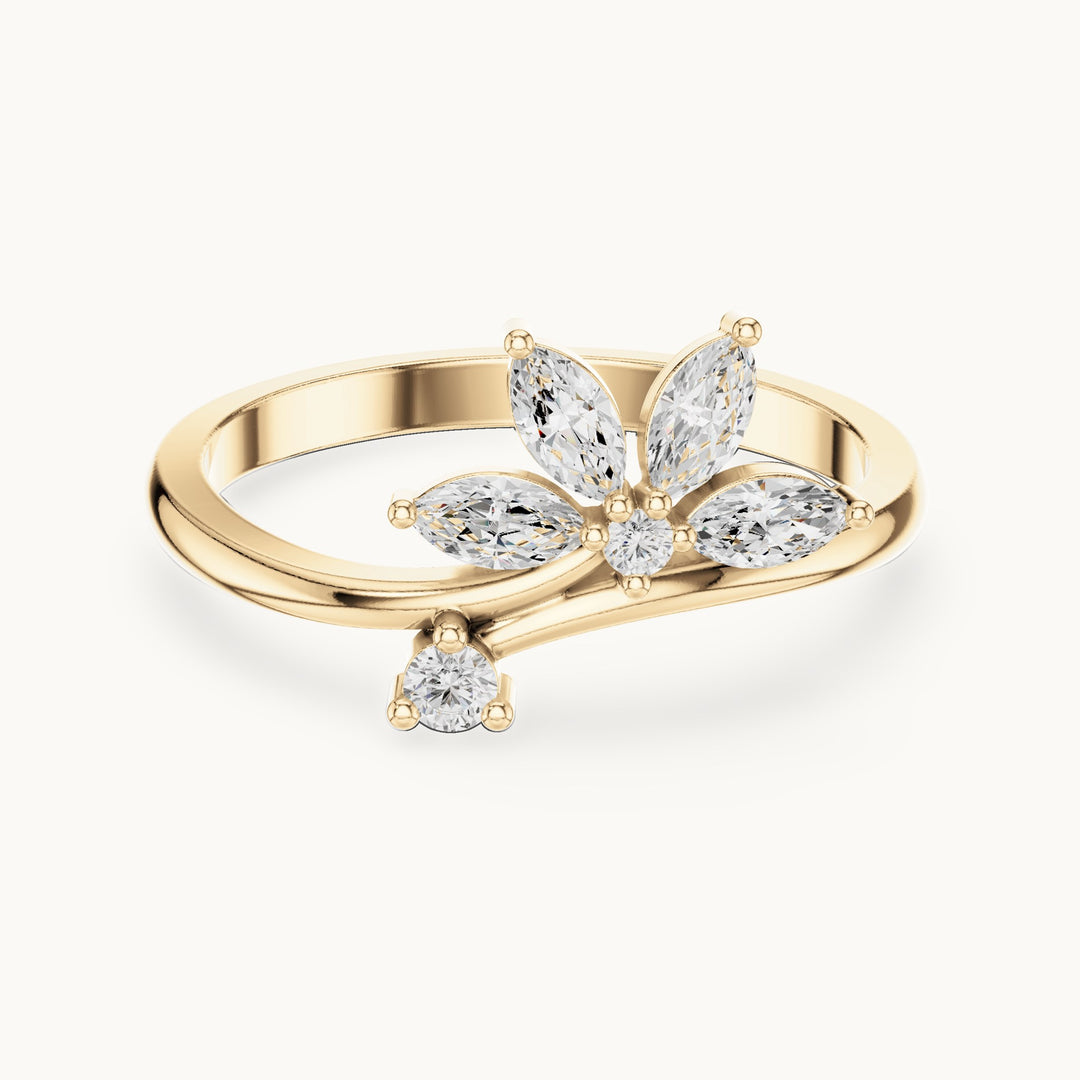 Marquise and round lab-grown diamond flower bypass ring in yellow gold, 0.26 CT TW, view 4