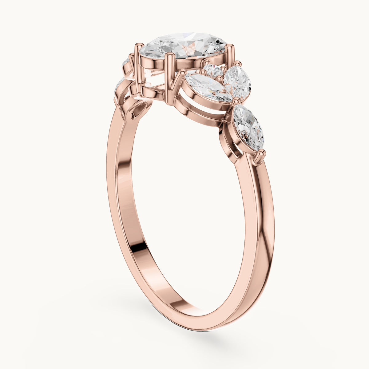 Oval and marquise lab-grown diamond engagement ring with leaf clusters in rose gold, 0.99 CT TW, view 1