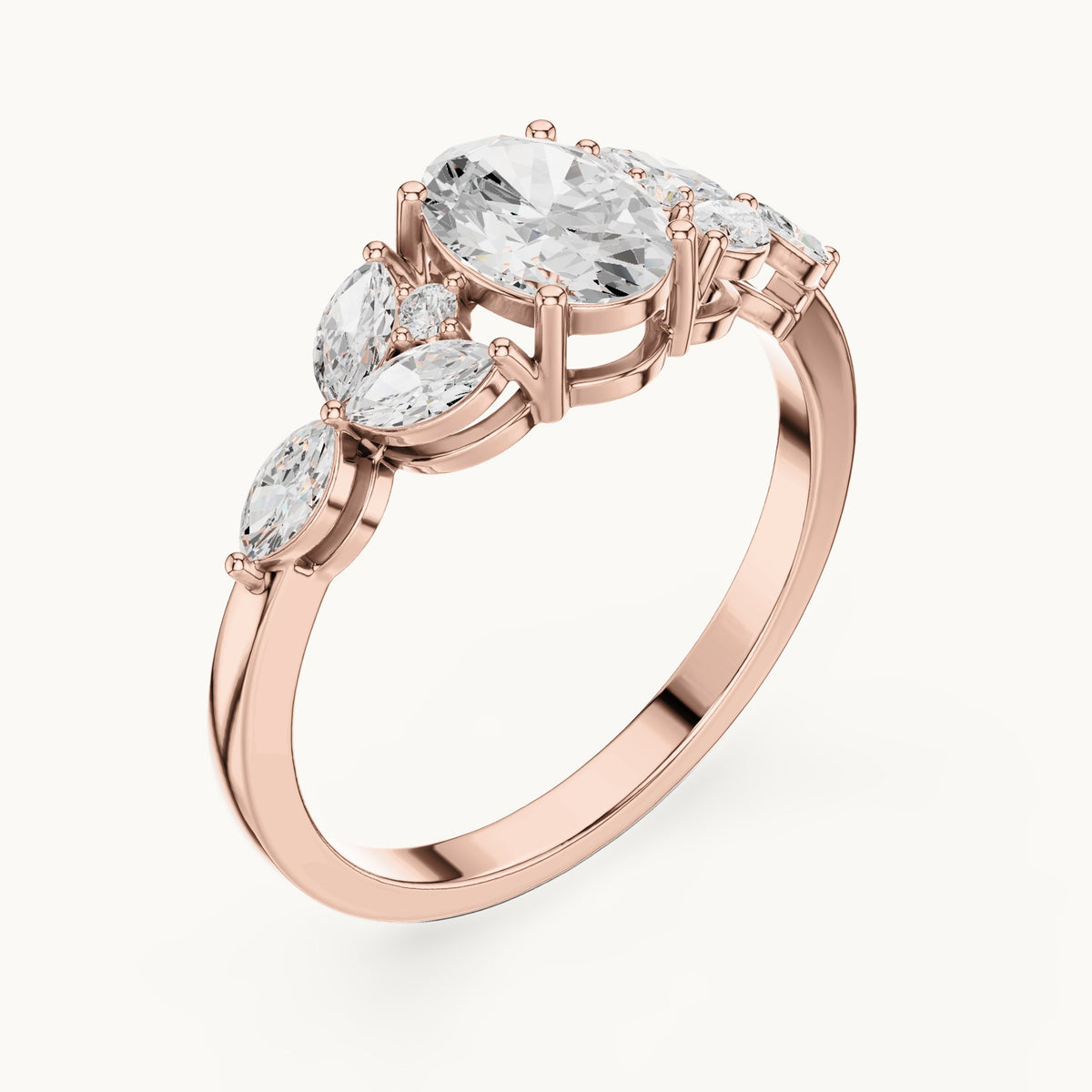 Oval and marquise lab-grown diamond engagement ring with leaf clusters in rose gold, 0.99 CT TW, view 2
