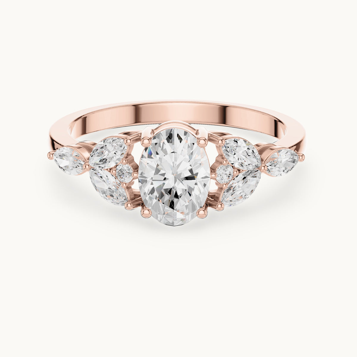 Oval and marquise lab-grown diamond engagement ring with leaf clusters in rose gold, 0.99 CT TW, view 4