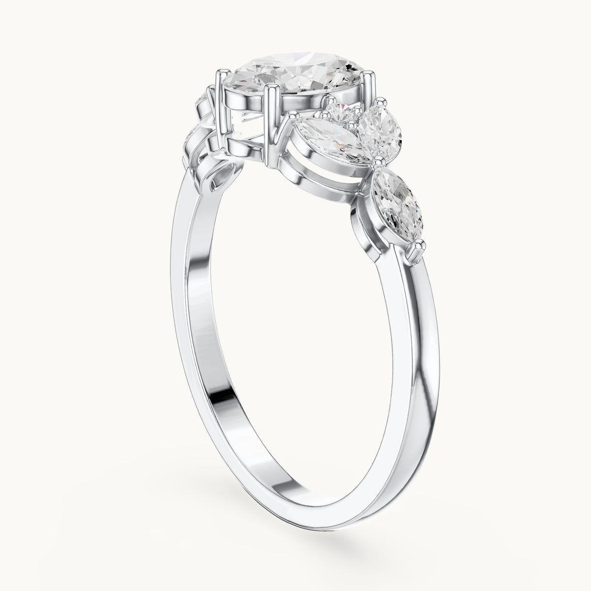 Oval and marquise lab-grown diamond engagement ring with leaf clusters in white gold, 0.99 CT TW, view 1
