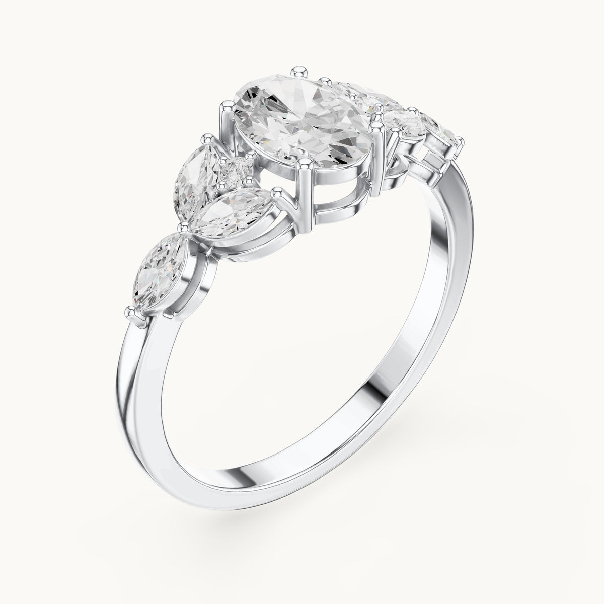 Oval and marquise lab-grown diamond engagement ring with leaf clusters in white gold, 0.99 CT TW, view 2