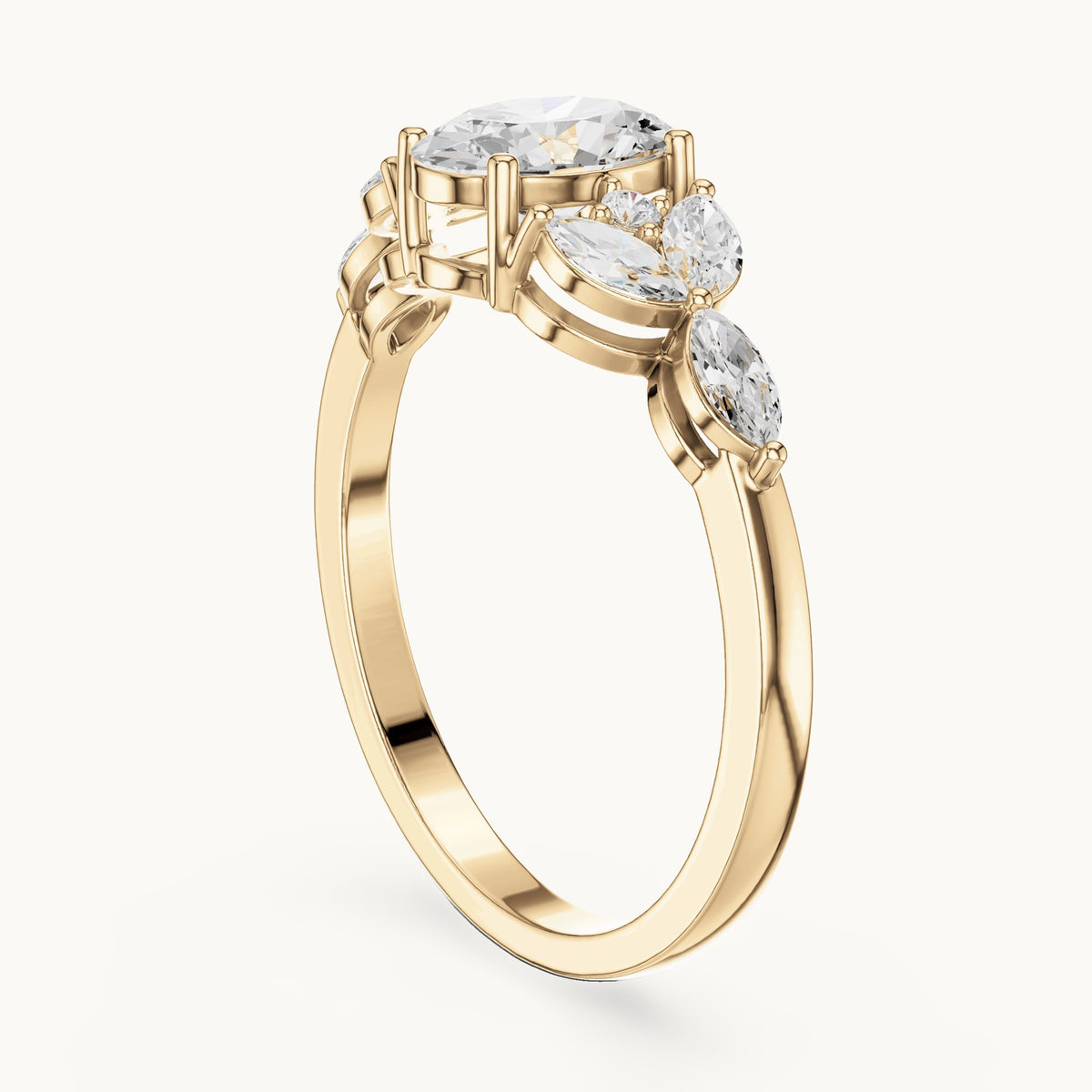 Oval and marquise lab-grown diamond engagement ring with leaf clusters in yellow gold, 0.99 CT TW, view 1