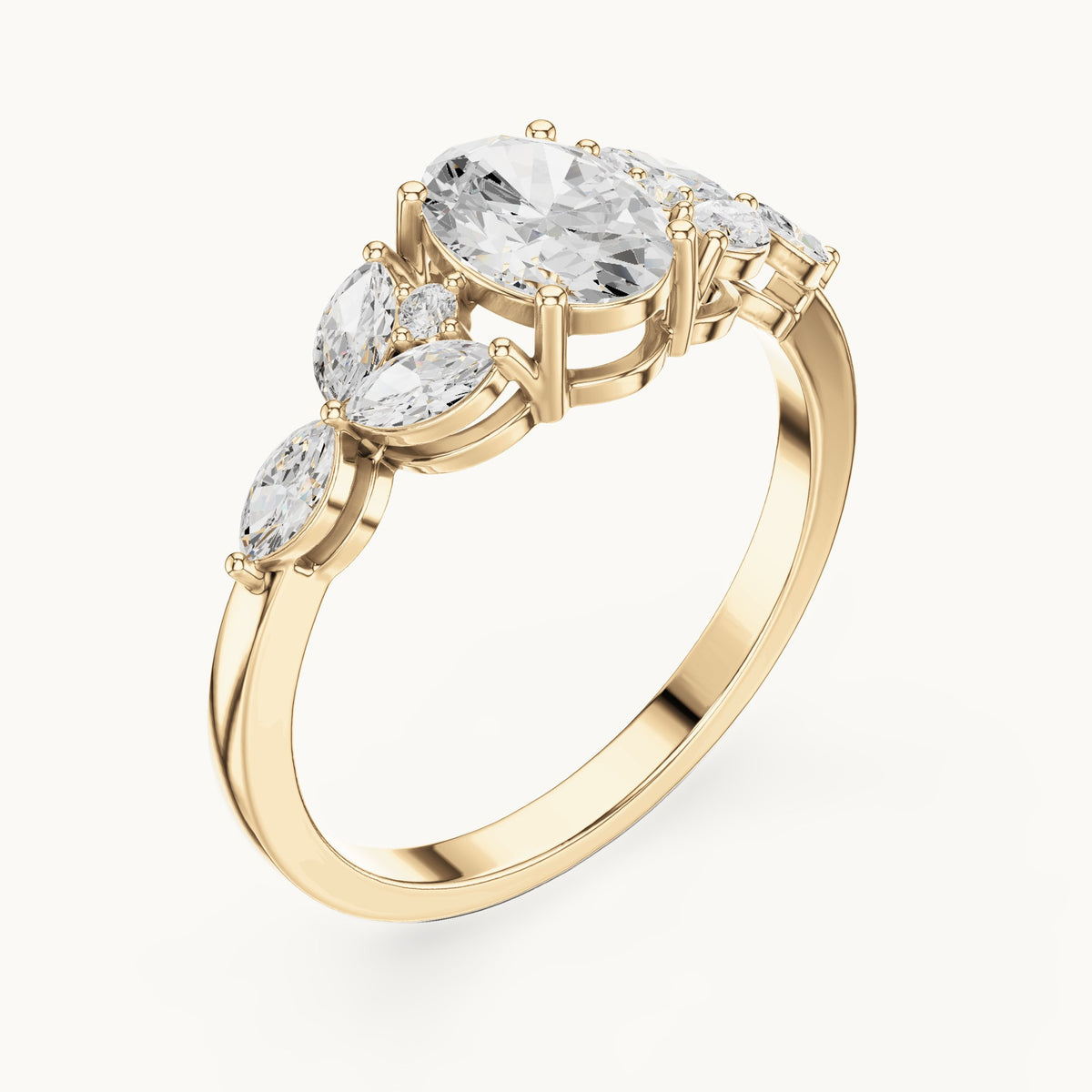 Oval and marquise lab-grown diamond engagement ring with leaf clusters in yellow gold, 0.99 CT TW, view 2