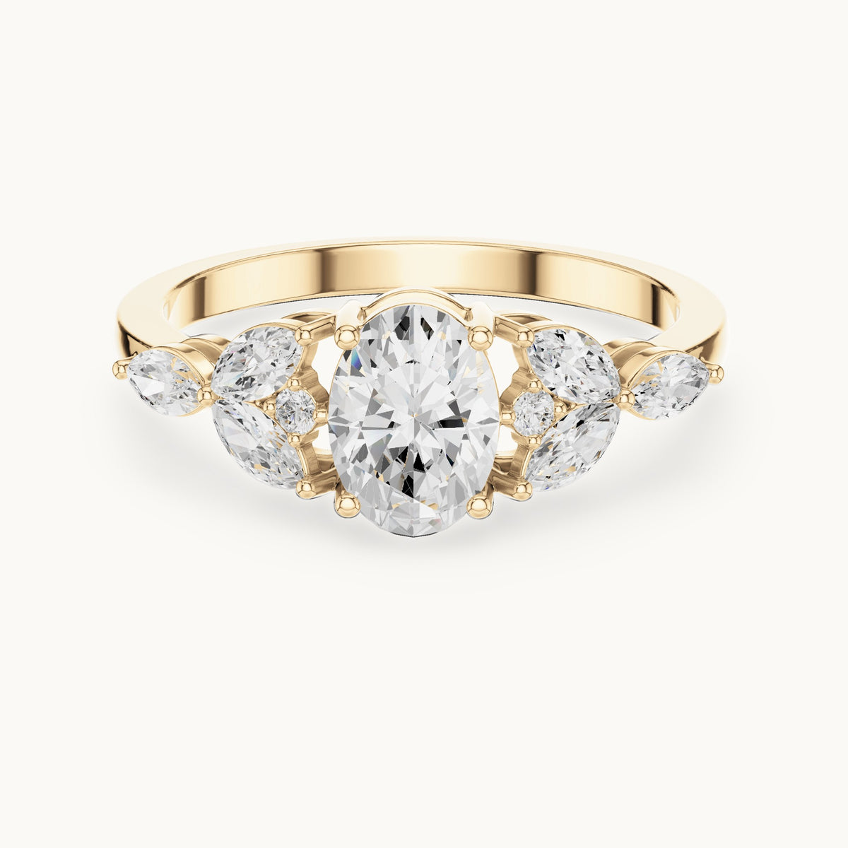 Oval and marquise lab-grown diamond engagement ring with leaf clusters in yellow gold, 0.99 CT TW, view 4
