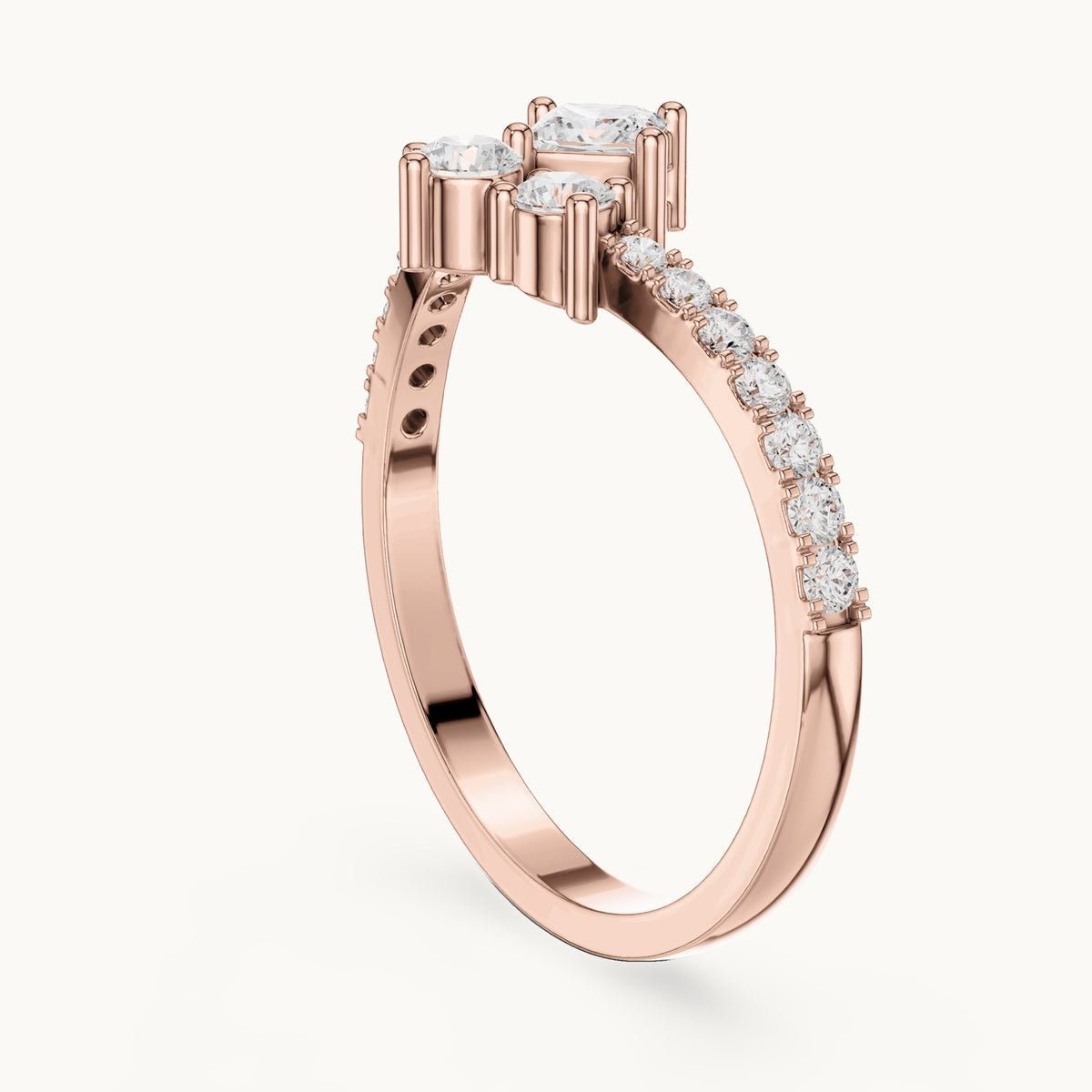 Round lab-grown diamond chevron cluster ring with pave band in rose gold, 0.529 CT TW, view 1