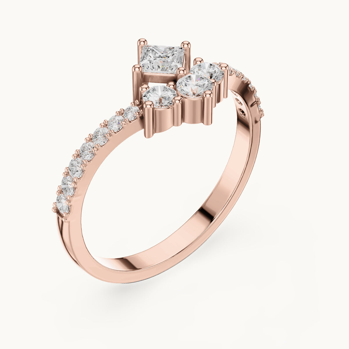 Round lab-grown diamond chevron cluster ring with pave band in rose gold, 0.529 CT TW, view 2