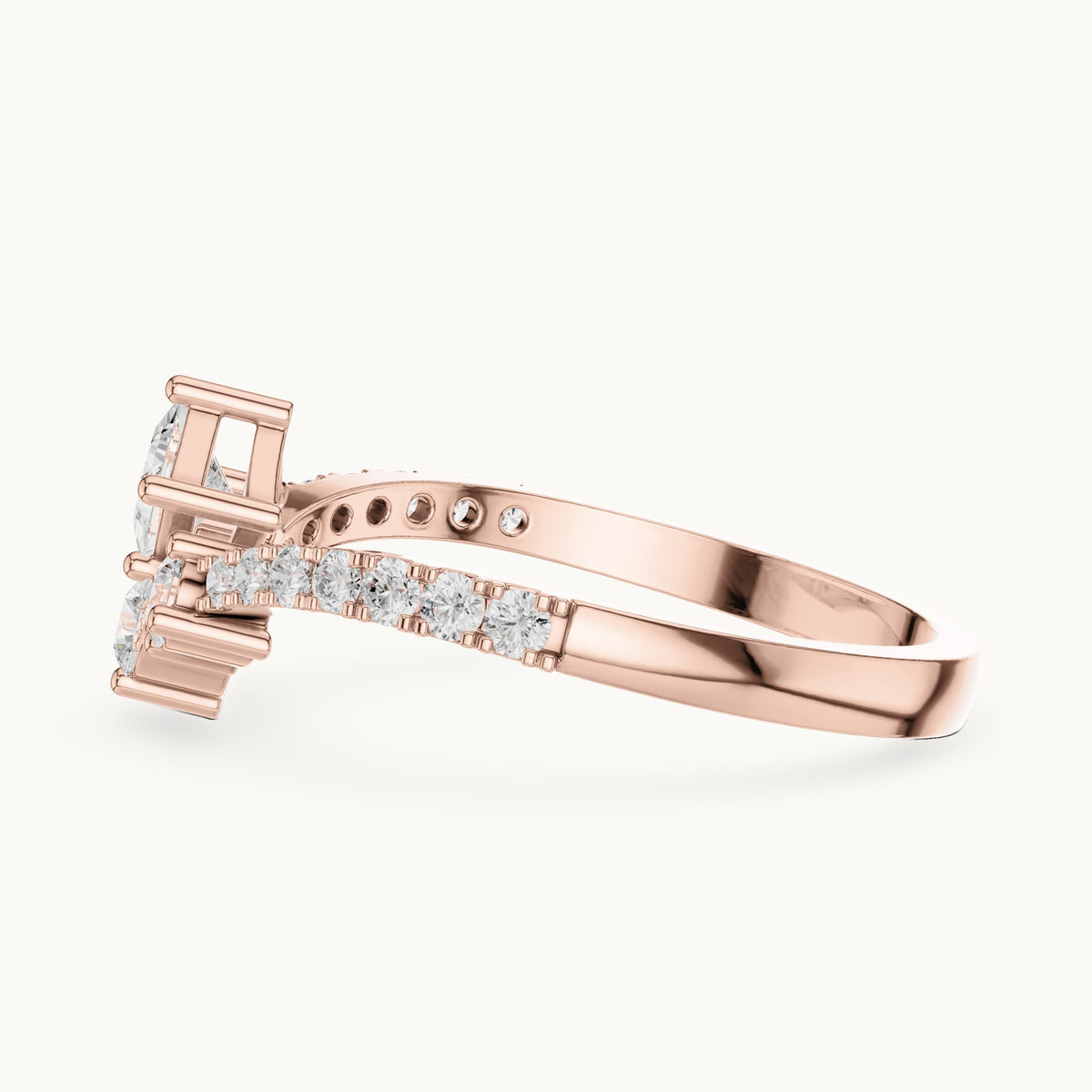 Round lab-grown diamond chevron cluster ring with pave band in rose gold, 0.529 CT TW, view 3