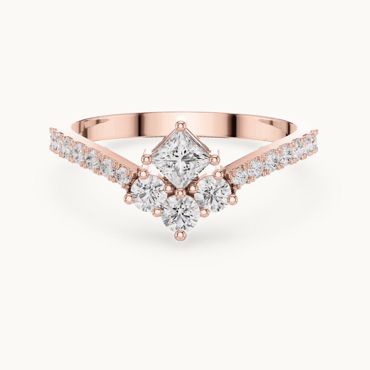 Round lab-grown diamond chevron cluster ring with pave band in rose gold, 0.529 CT TW, view 4