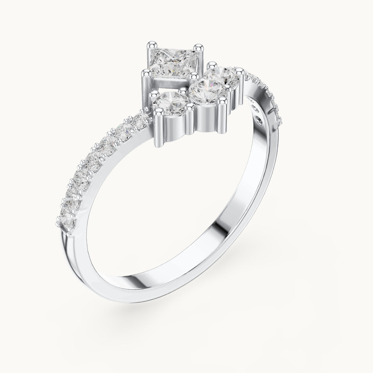 Round lab-grown diamond chevron cluster ring with pave band in white gold, 0.529 CT TW, view 2