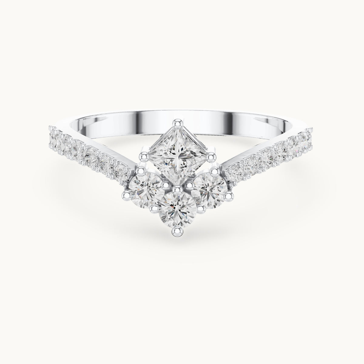 Round lab-grown diamond chevron cluster ring with pave band in white gold, 0.529 CT TW, view 4