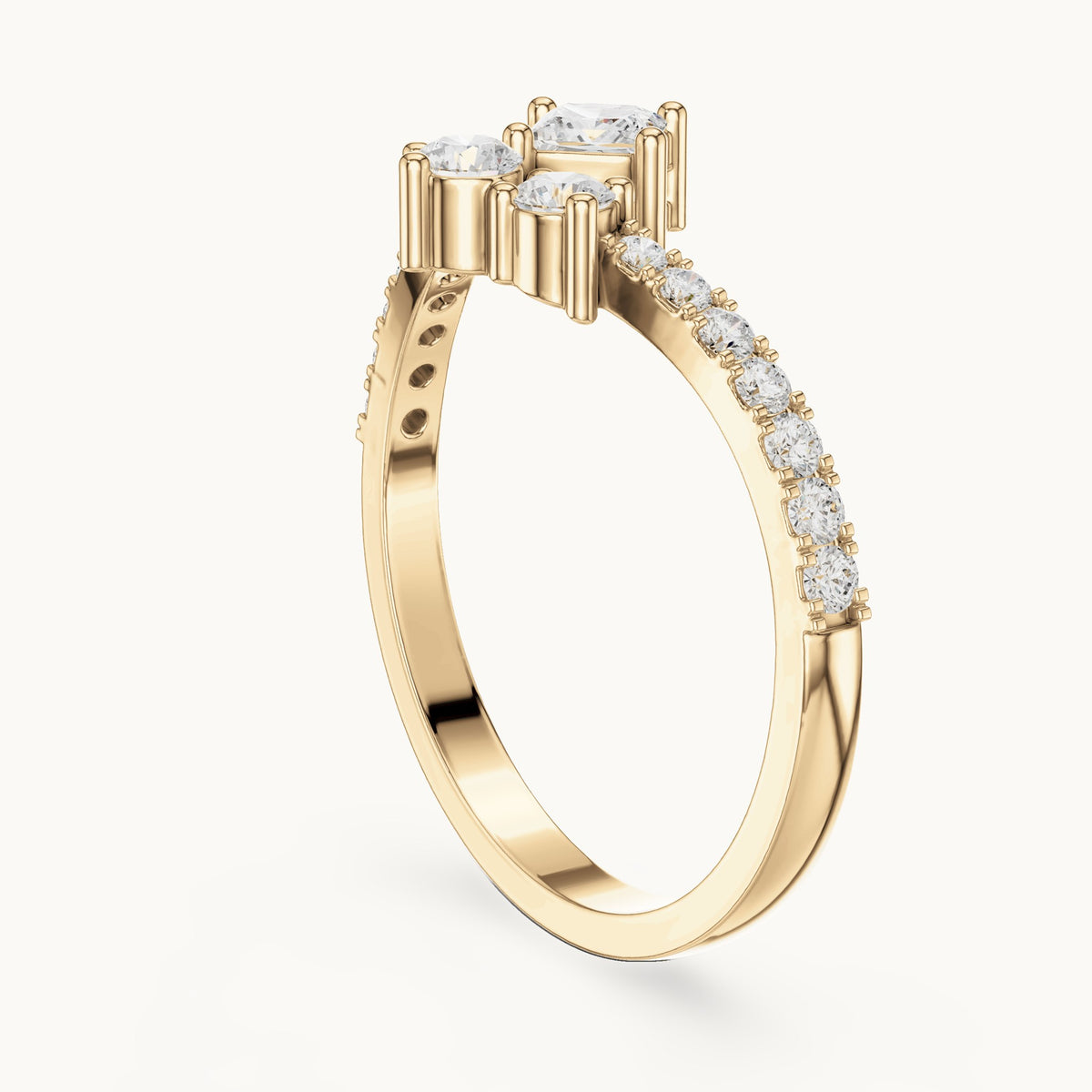 Round lab-grown diamond chevron cluster ring with pave band in yellow gold, 0.529 CT TW, view 1