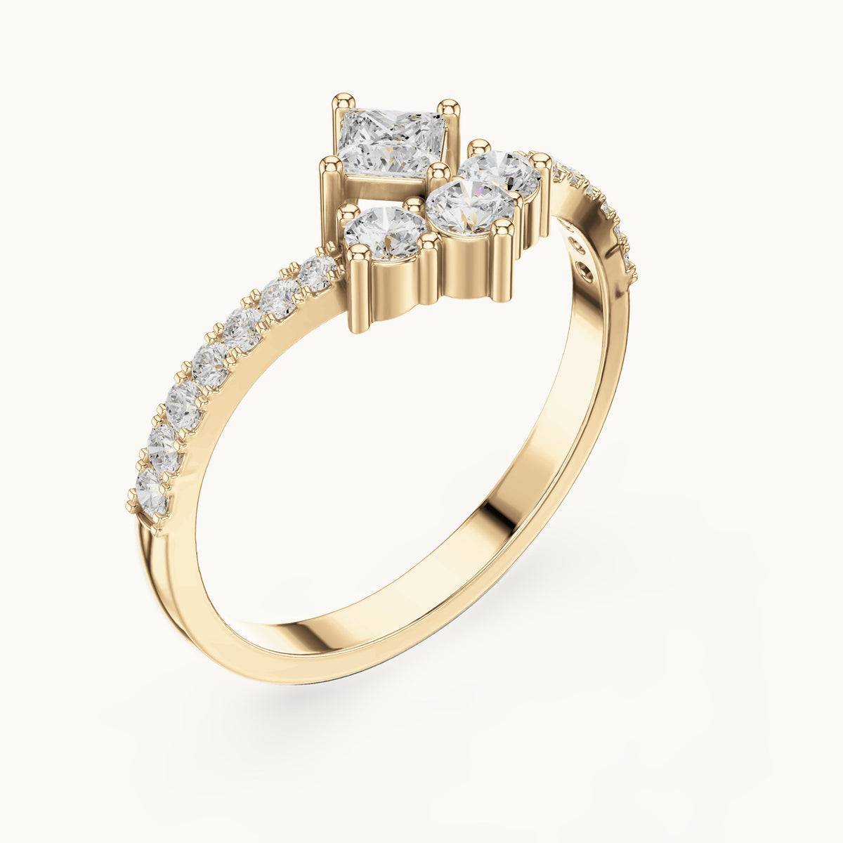 Round lab-grown diamond chevron cluster ring with pave band in yellow gold, 0.529 CT TW, view 2