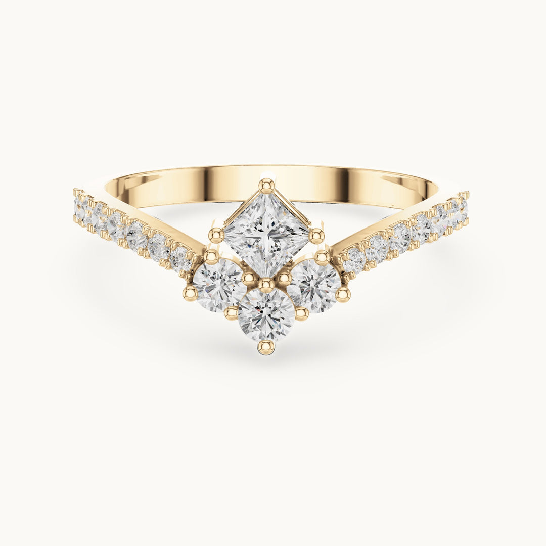Round lab-grown diamond chevron cluster ring with pave band in yellow gold, 0.529 CT TW, view 4