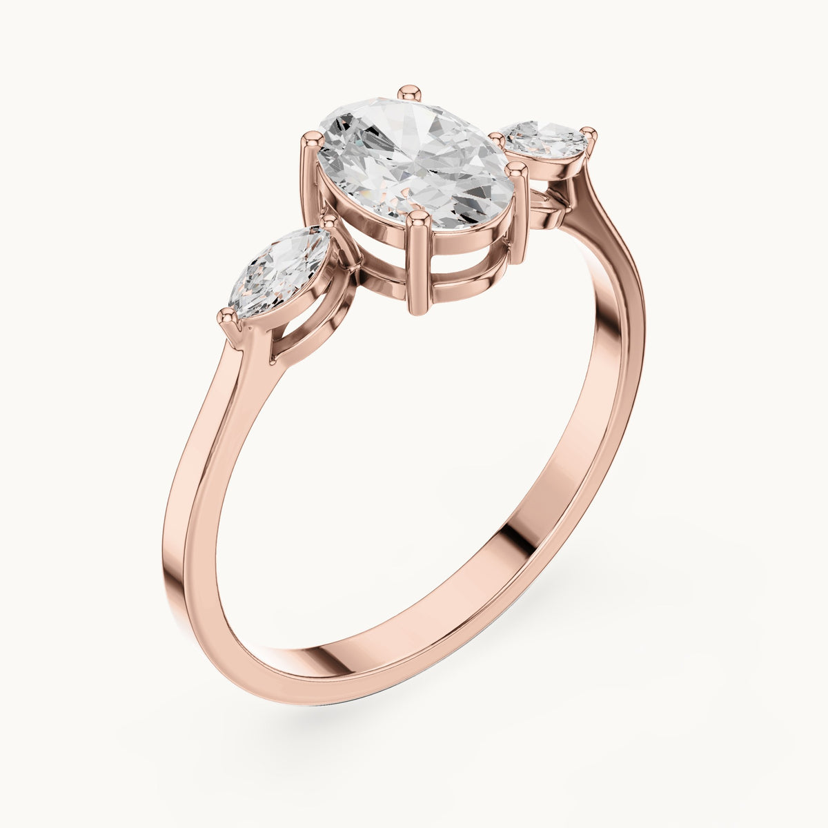Oval lab-grown diamond three-stone engagement ring with marquise side stones in rose gold, 0.76 CT TW, view 2