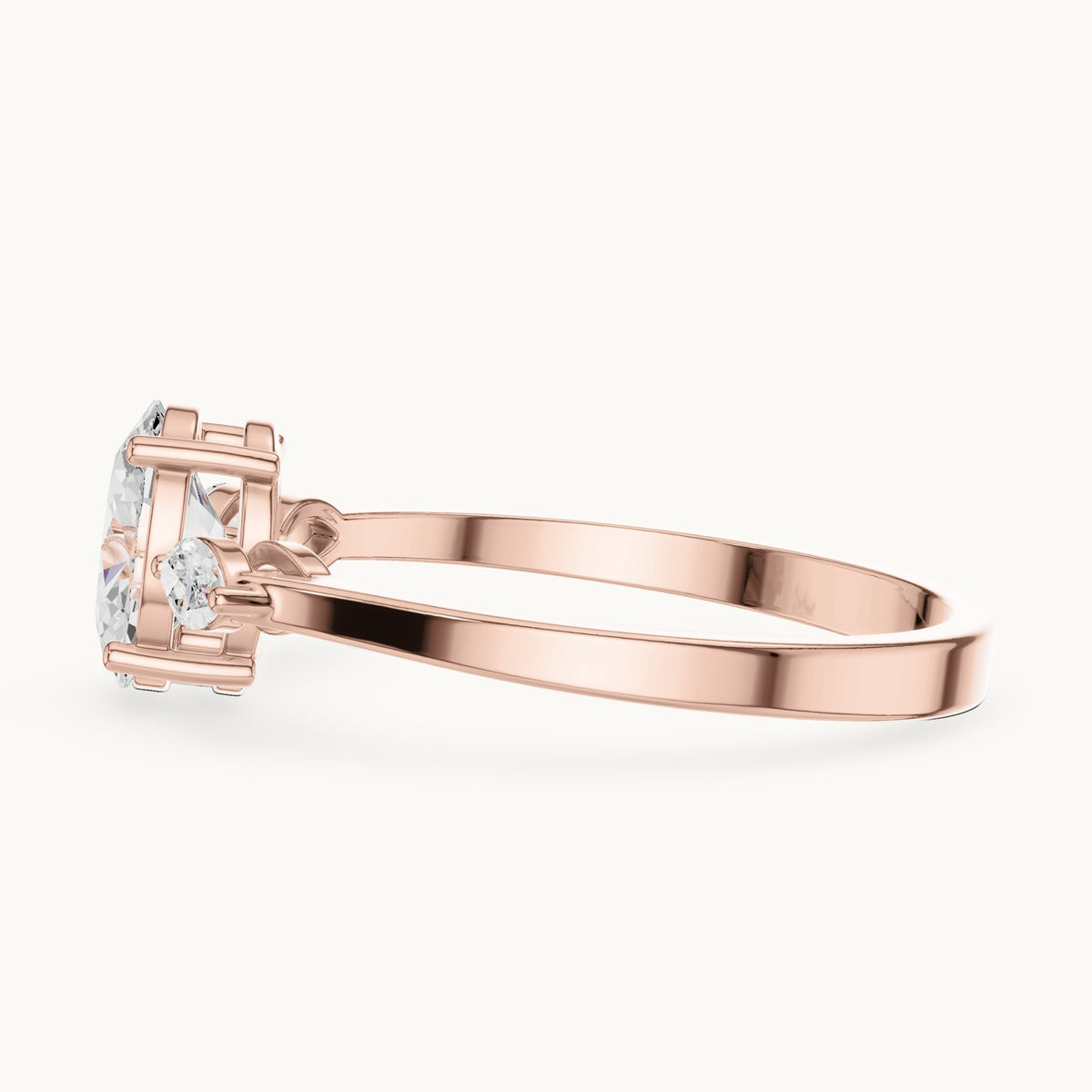 Oval lab-grown diamond three-stone engagement ring with marquise side stones in rose gold, 0.76 CT TW, view 3