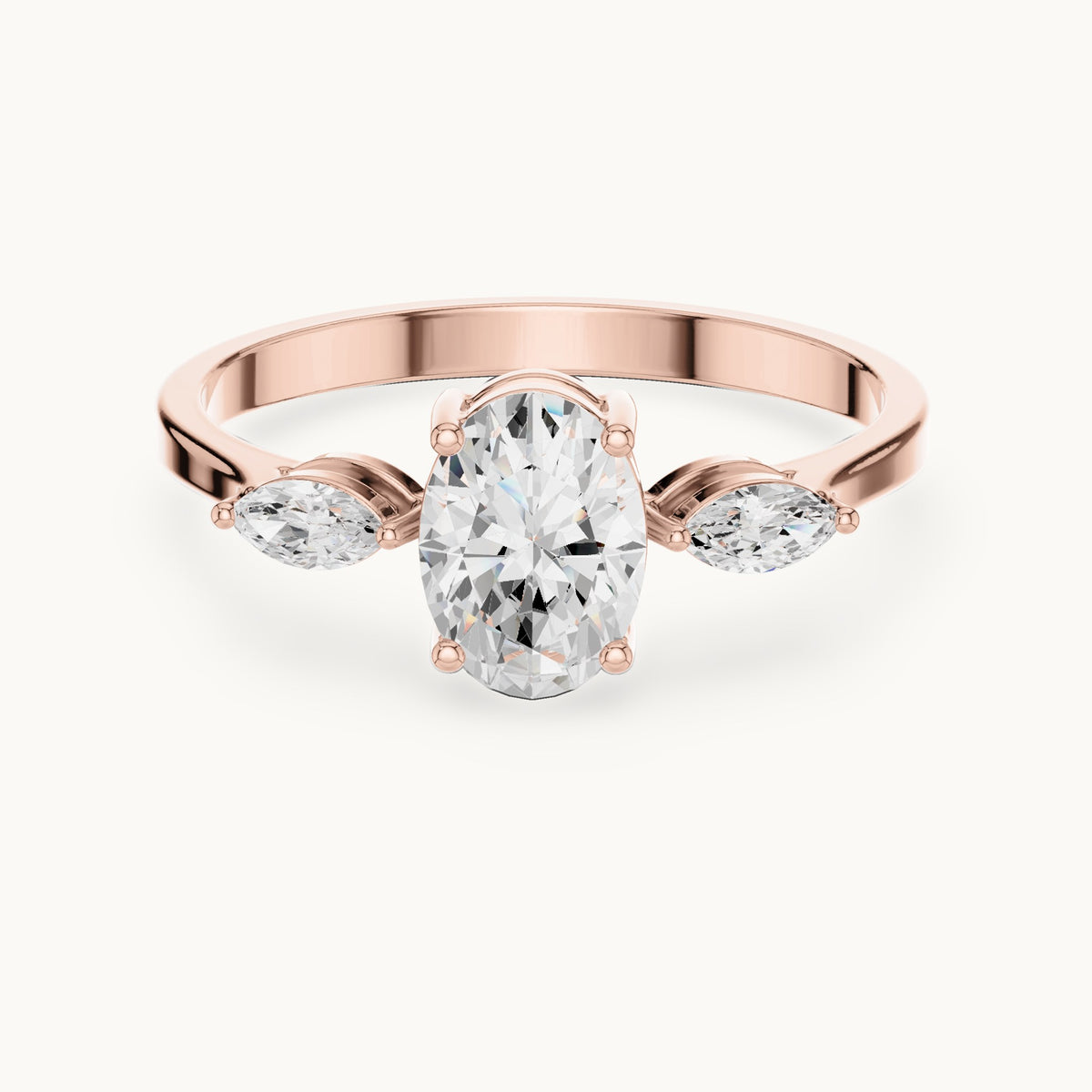 Oval lab-grown diamond three-stone engagement ring with marquise side stones in rose gold, 0.76 CT TW, view 4