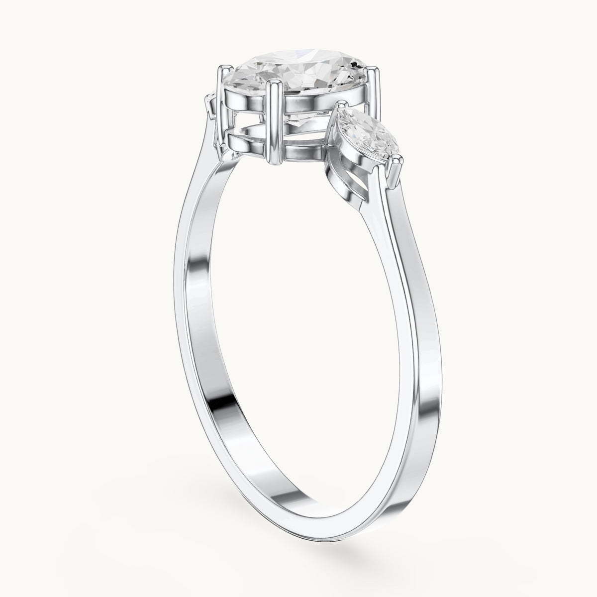 Oval lab-grown diamond three-stone engagement ring with marquise side stones in white gold, 0.76 CT TW, view 1