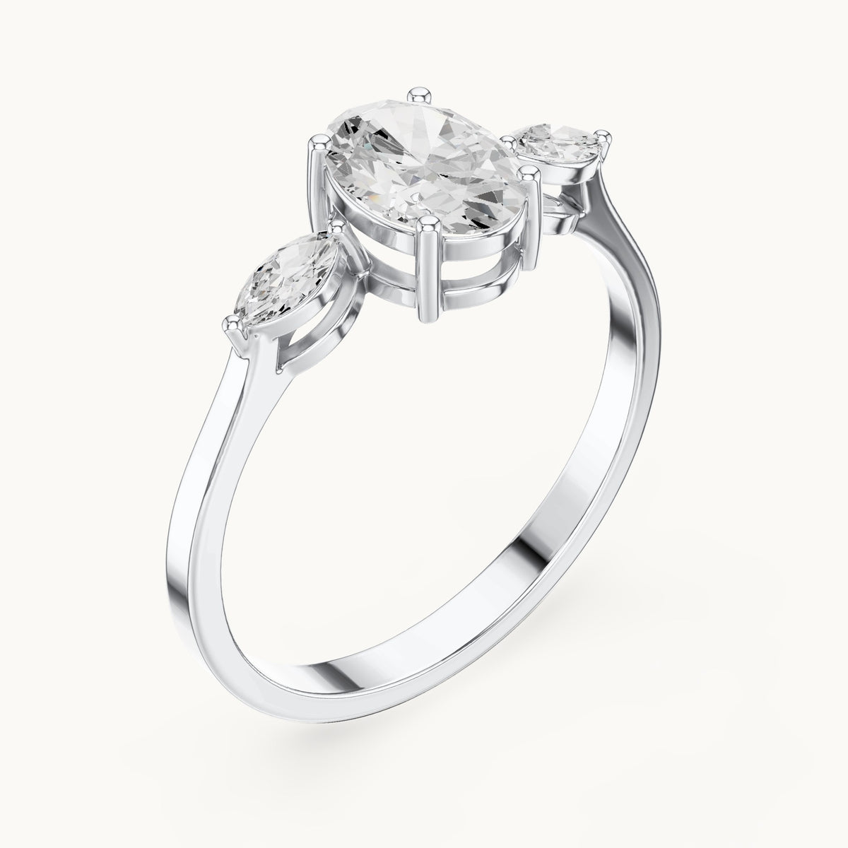 Oval lab-grown diamond three-stone engagement ring with marquise side stones in white gold, 0.76 CT TW, view 2