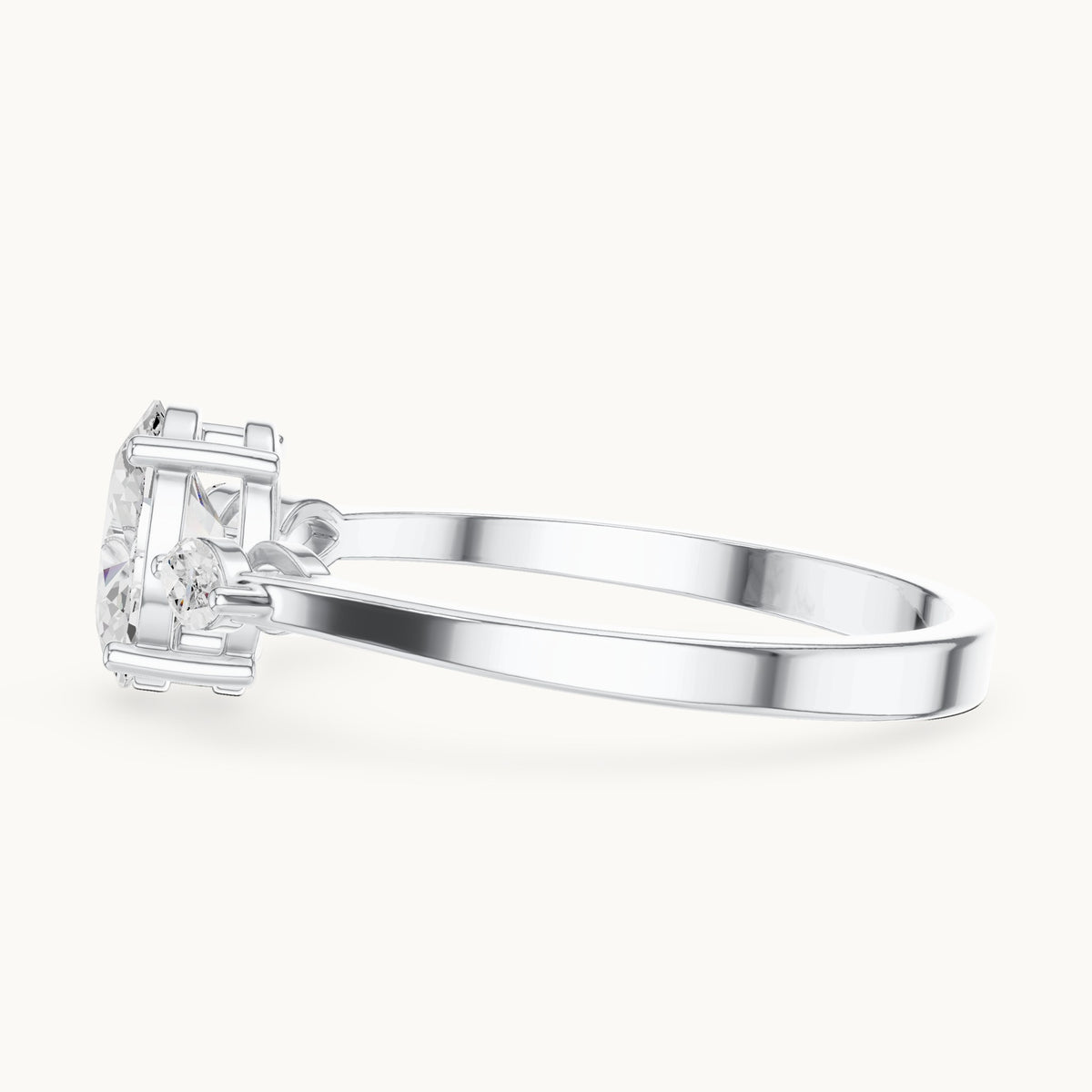 Oval lab-grown diamond three-stone engagement ring with marquise side stones in white gold, 0.76 CT TW, view 3