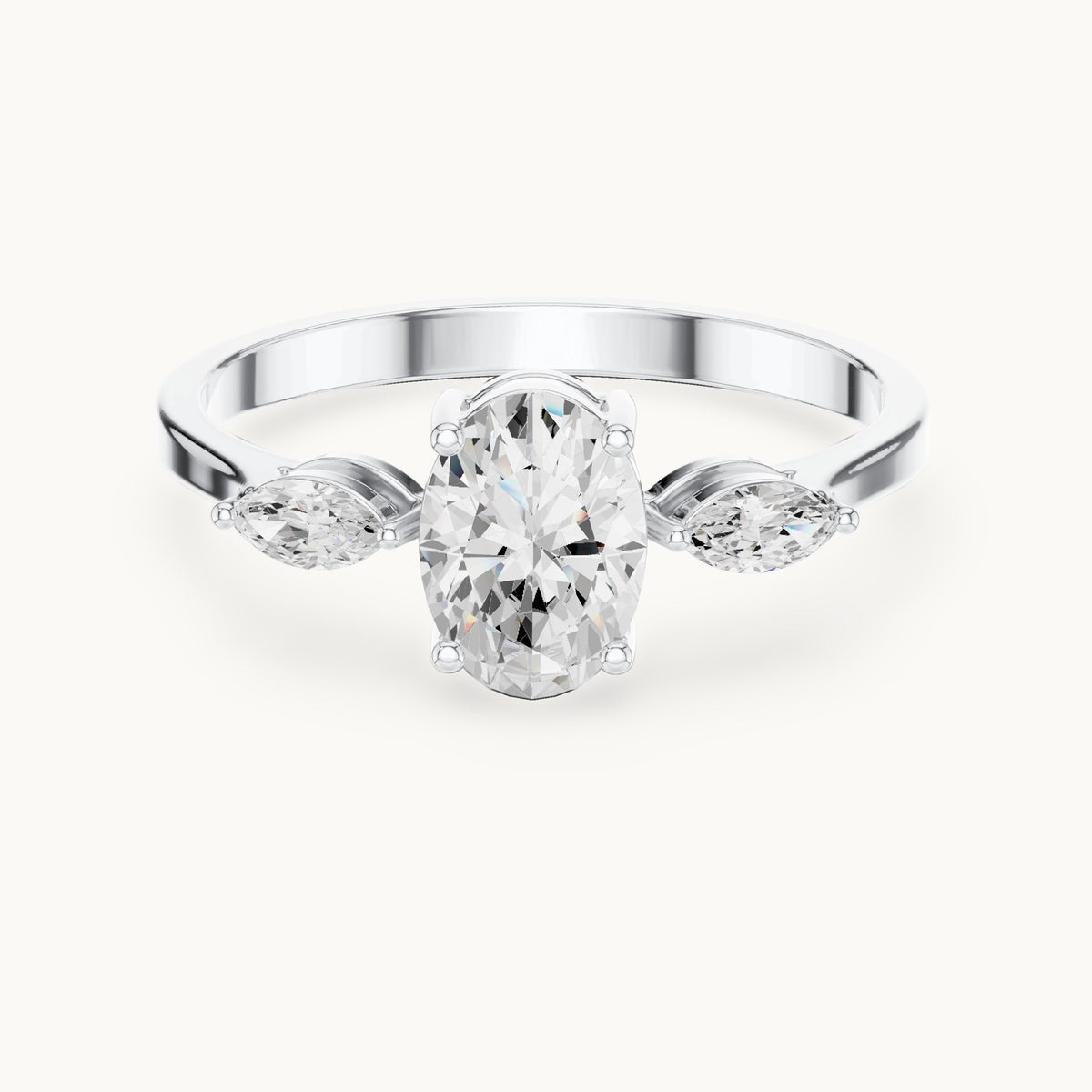 Oval lab-grown diamond three-stone engagement ring with marquise side stones in white gold, 0.76 CT TW, view 4