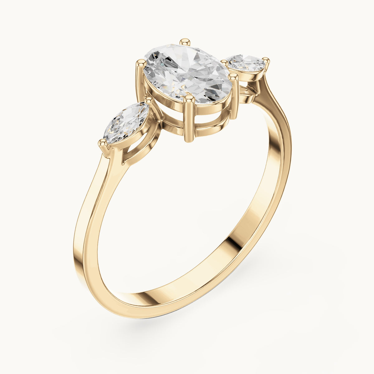 Oval lab-grown diamond three-stone engagement ring with marquise side stones in yellow gold, 0.76 CT TW, view 2