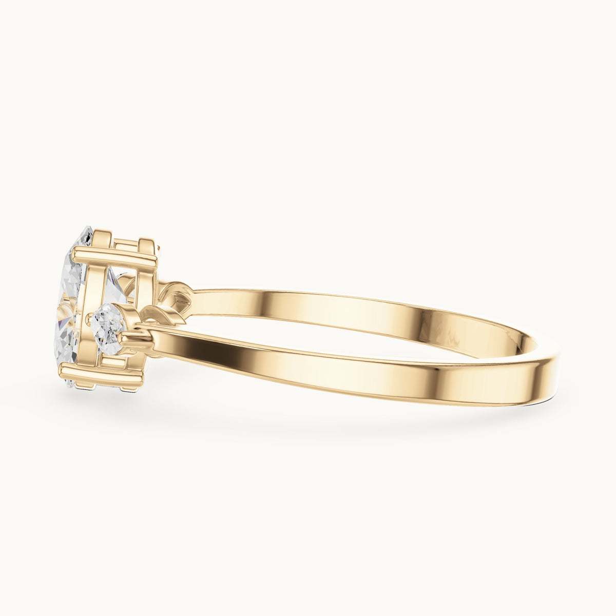 Oval lab-grown diamond three-stone engagement ring with marquise side stones in yellow gold, 0.76 CT TW, view 3