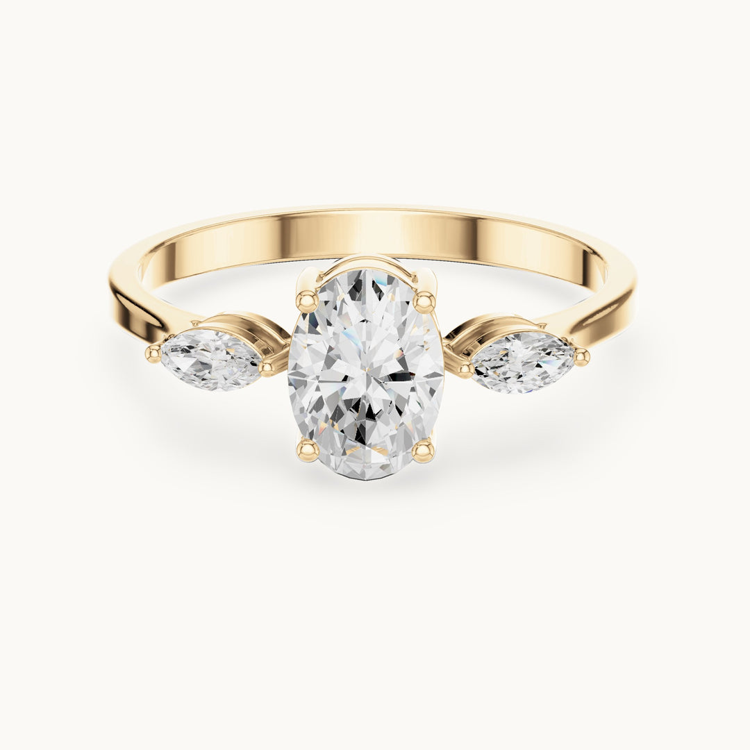 Oval lab-grown diamond three-stone engagement ring with marquise side stones in yellow gold, 0.76 CT TW, view 4