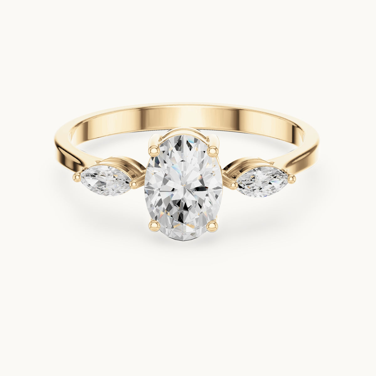 Oval lab-grown diamond three-stone engagement ring with marquise side stones in yellow gold, 0.76 CT TW, view 4
