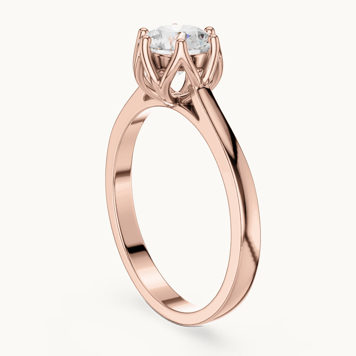 Round lab-grown diamond tulip-gallery six-prong solitaire engagement ring in rose gold, 0.85 CT TW, view 1