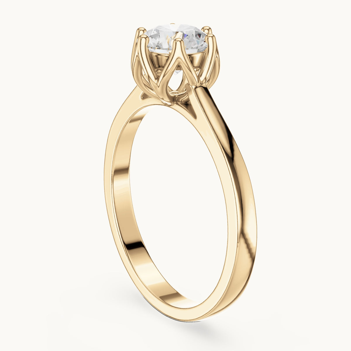 Round lab-grown diamond tulip-gallery six-prong solitaire engagement ring in yellow gold, 0.85 CT TW, view 1