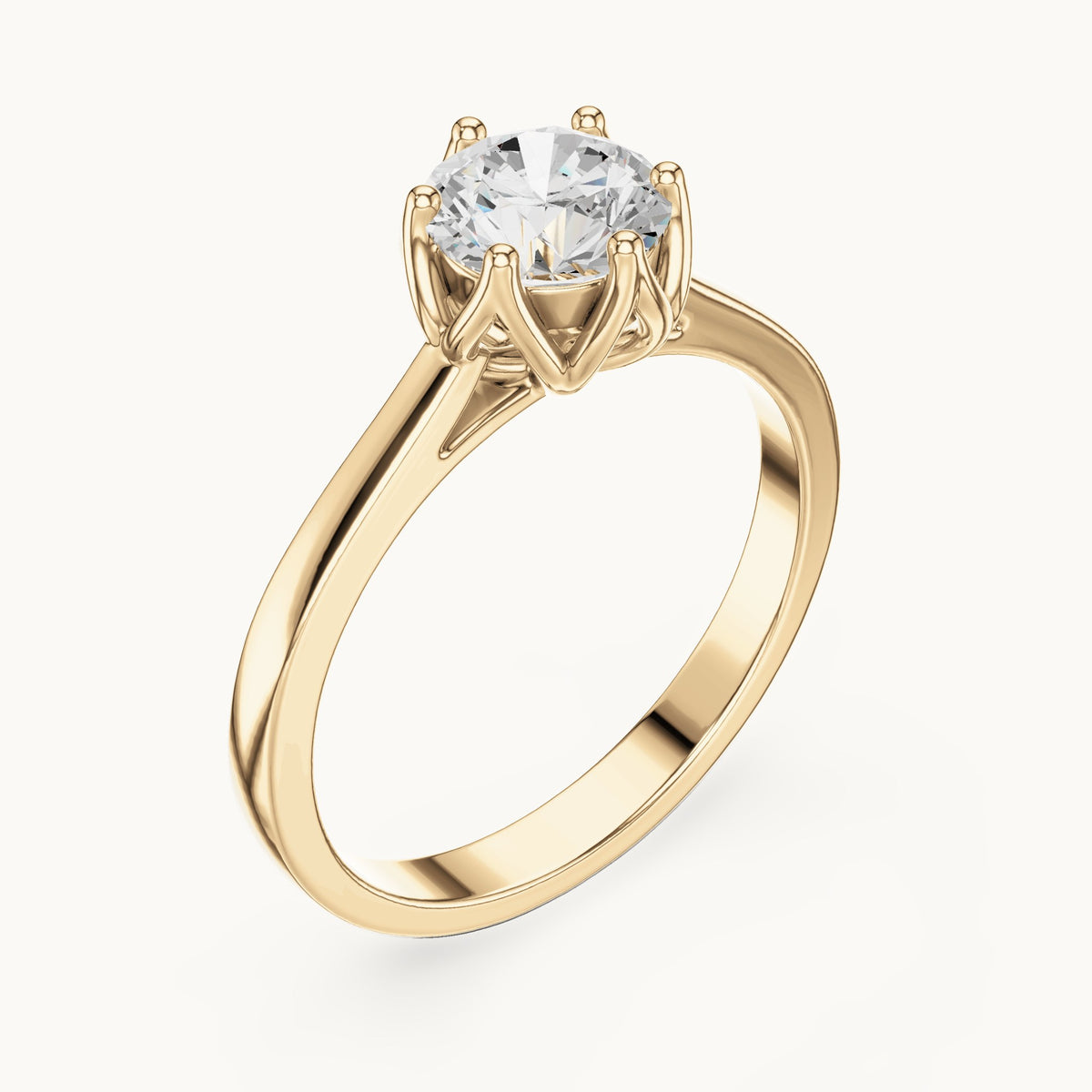 Round lab-grown diamond tulip-gallery six-prong solitaire engagement ring in yellow gold, 0.85 CT TW, view 2