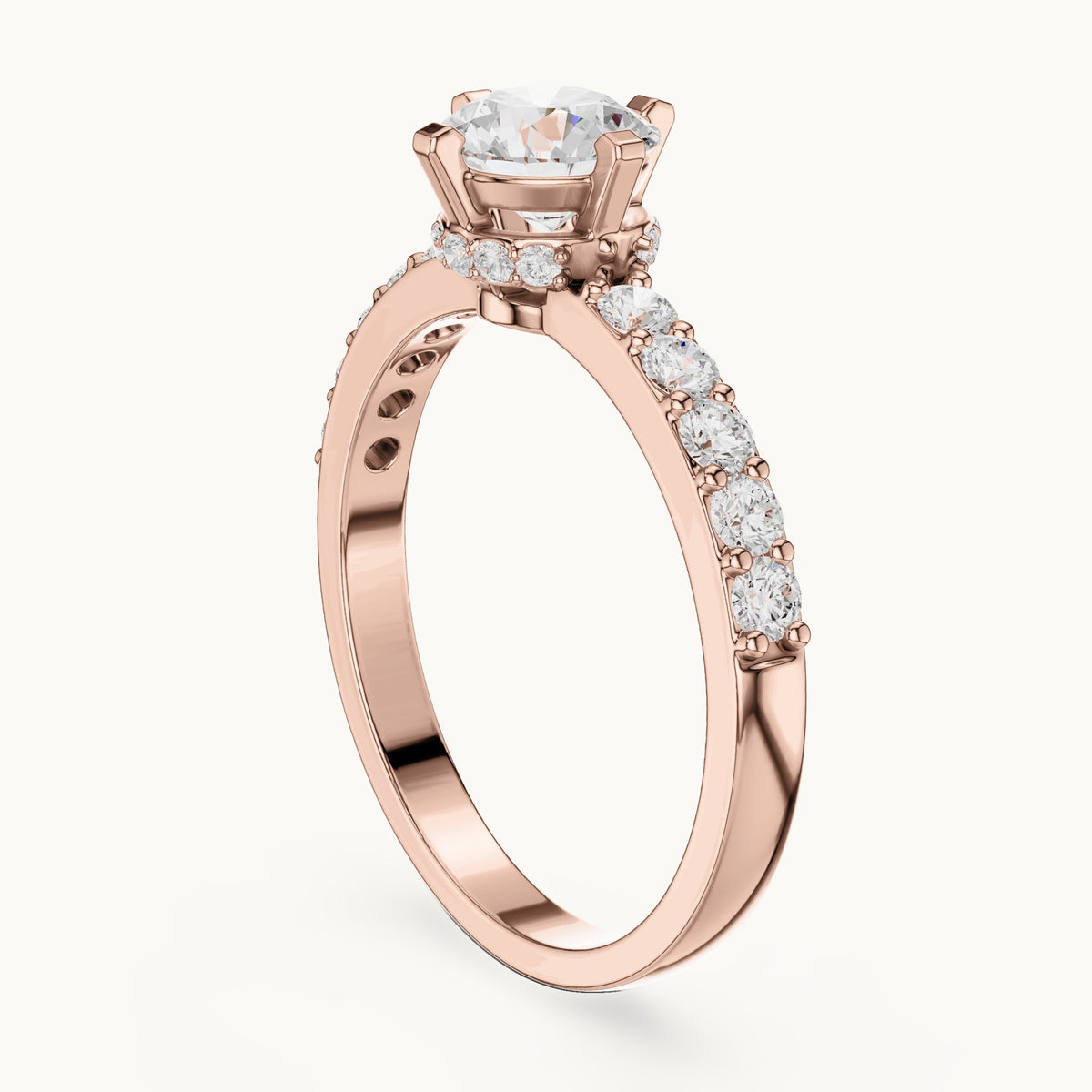 Round lab-grown diamond engagement ring with graduated pavé band in rose gold, 1.26 CT TW, view 1