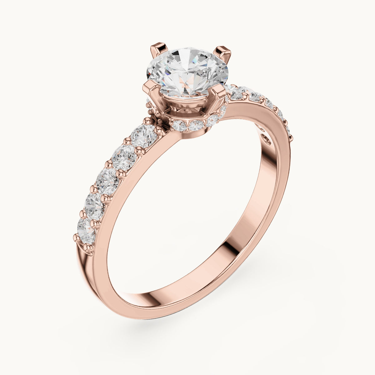 Round lab-grown diamond engagement ring with graduated pavé band in rose gold, 1.26 CT TW, view 2
