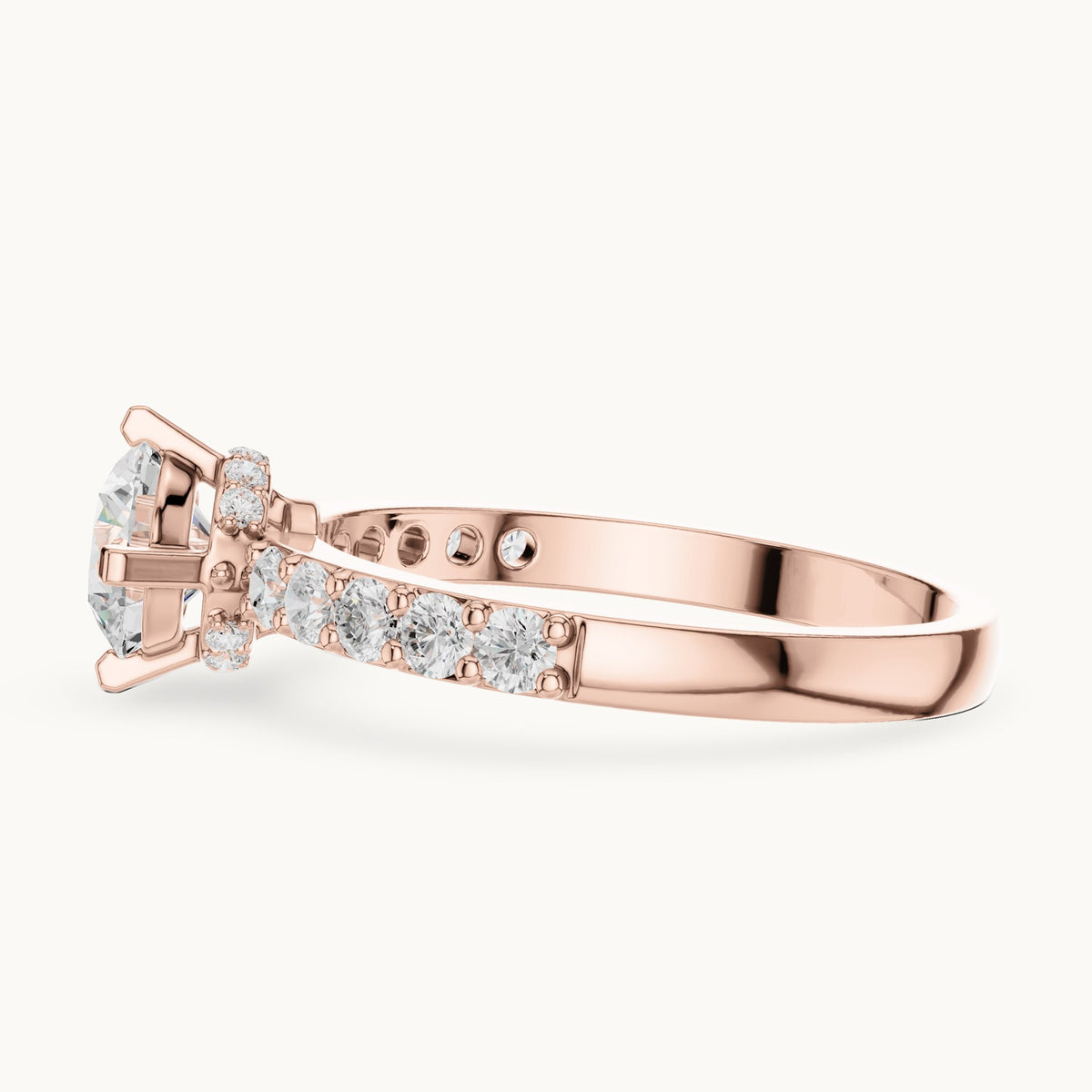 Round lab-grown diamond engagement ring with graduated pavé band in rose gold, 1.26 CT TW, view 3