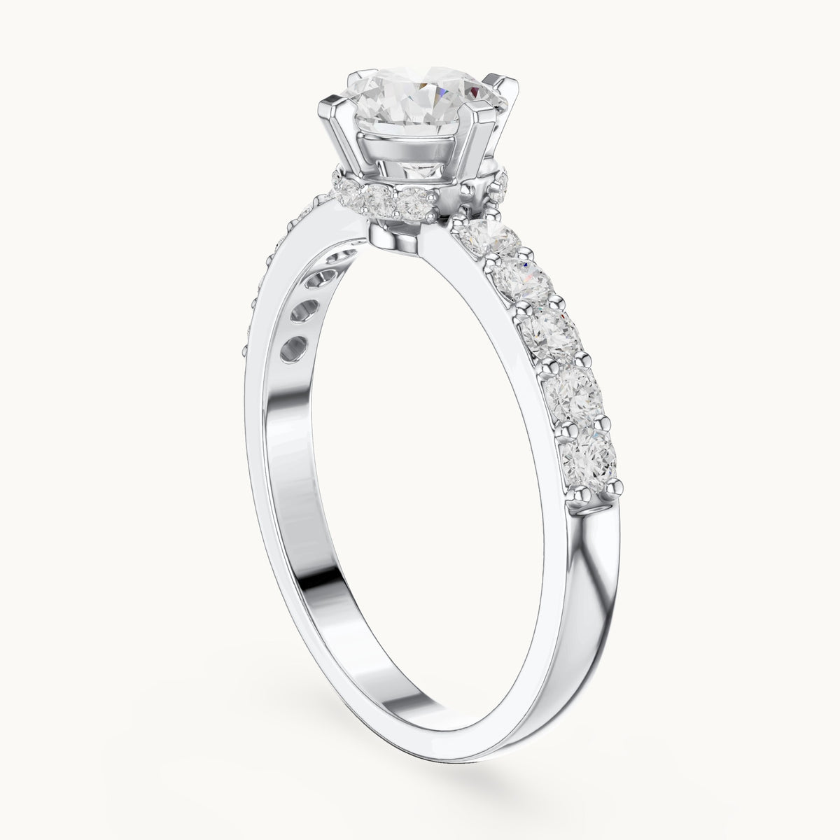 Round lab-grown diamond engagement ring with graduated pavé band in white gold, 1.26 CT TW, view 1