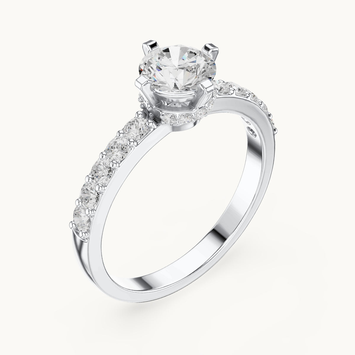 Round lab-grown diamond engagement ring with graduated pavé band in white gold, 1.26 CT TW, view 2
