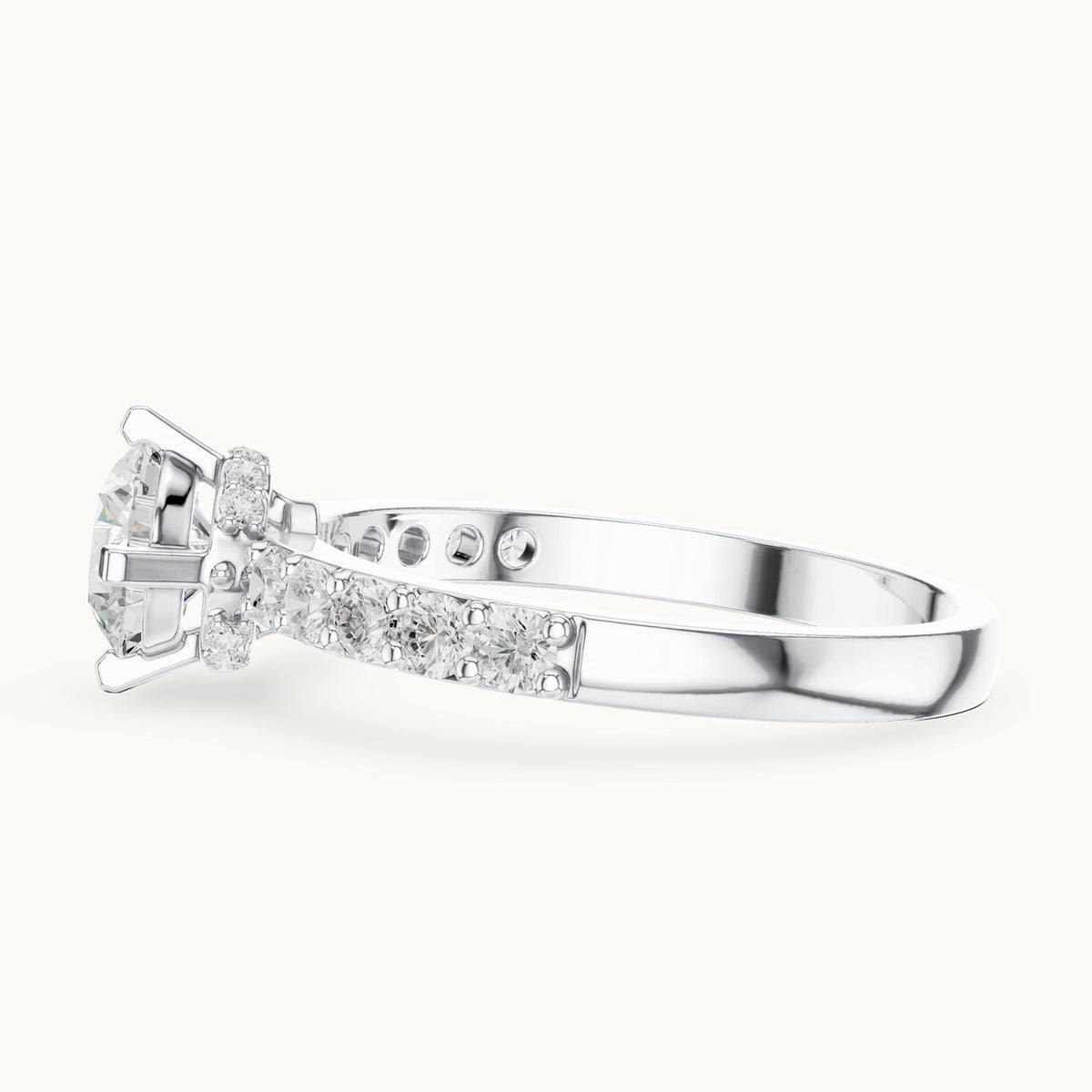 Round lab-grown diamond engagement ring with graduated pavé band in white gold, 1.26 CT TW, view 3