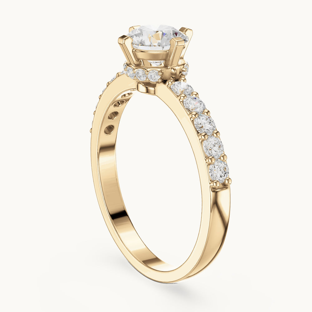 Round lab-grown diamond engagement ring with graduated pavé band in yellow gold, 1.26 CT TW, view 1