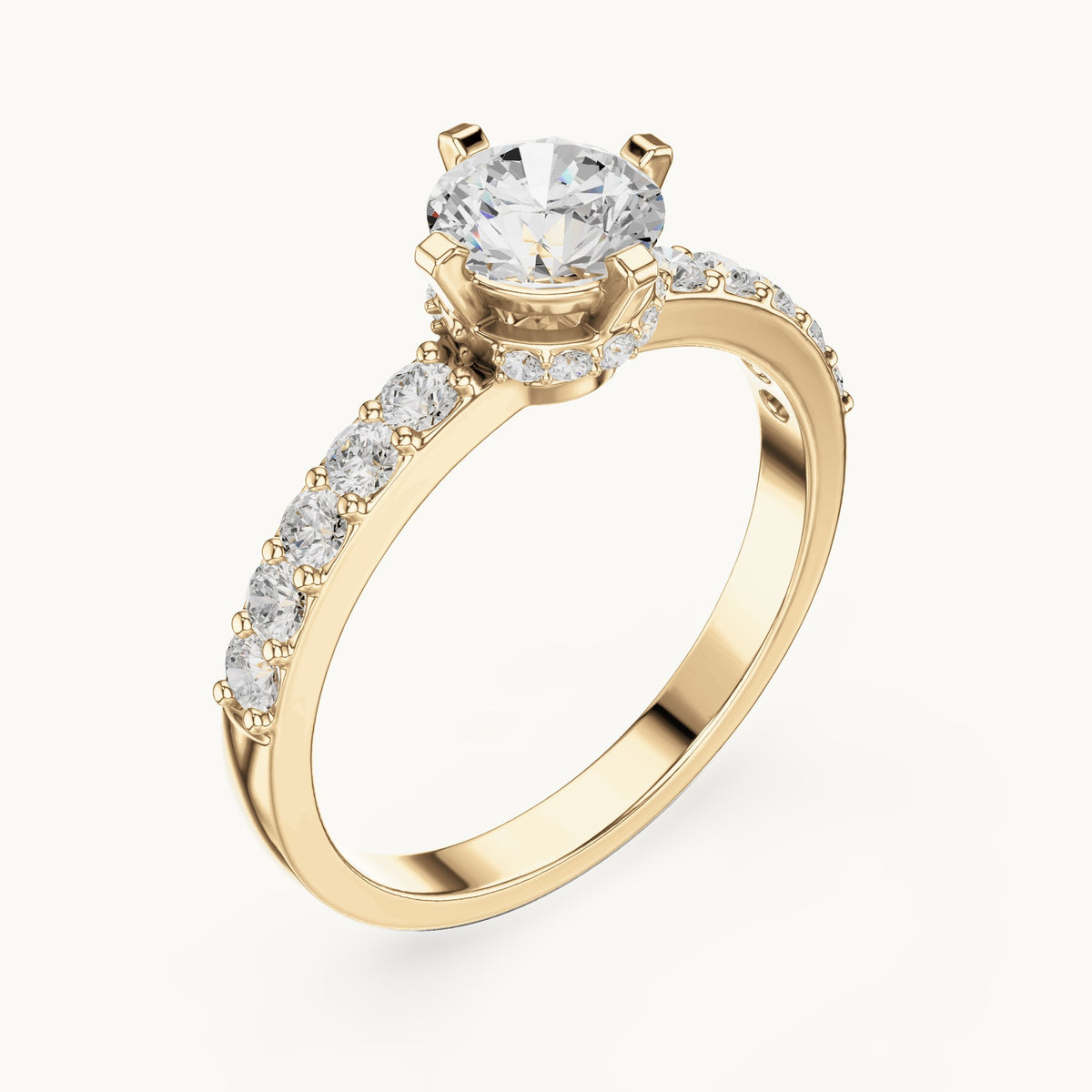 Round lab-grown diamond engagement ring with graduated pavé band in yellow gold, 1.26 CT TW, view 2