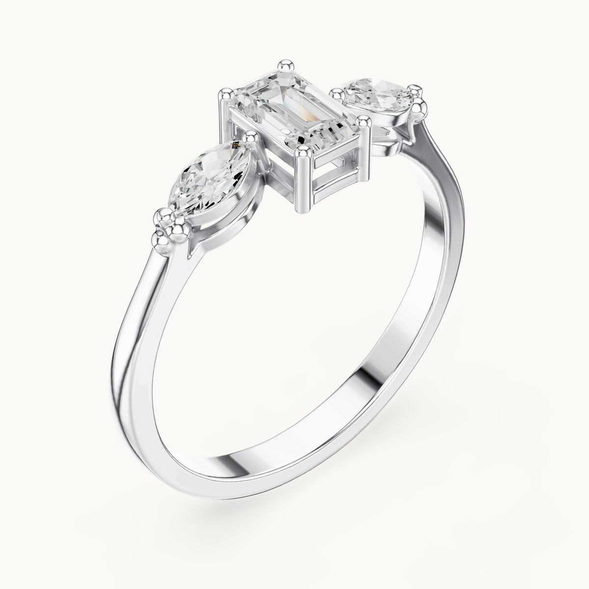 Emerald and marquise lab-grown diamond three-stone engagement ring with side stones in white gold, 0.55 CT TW, view 2