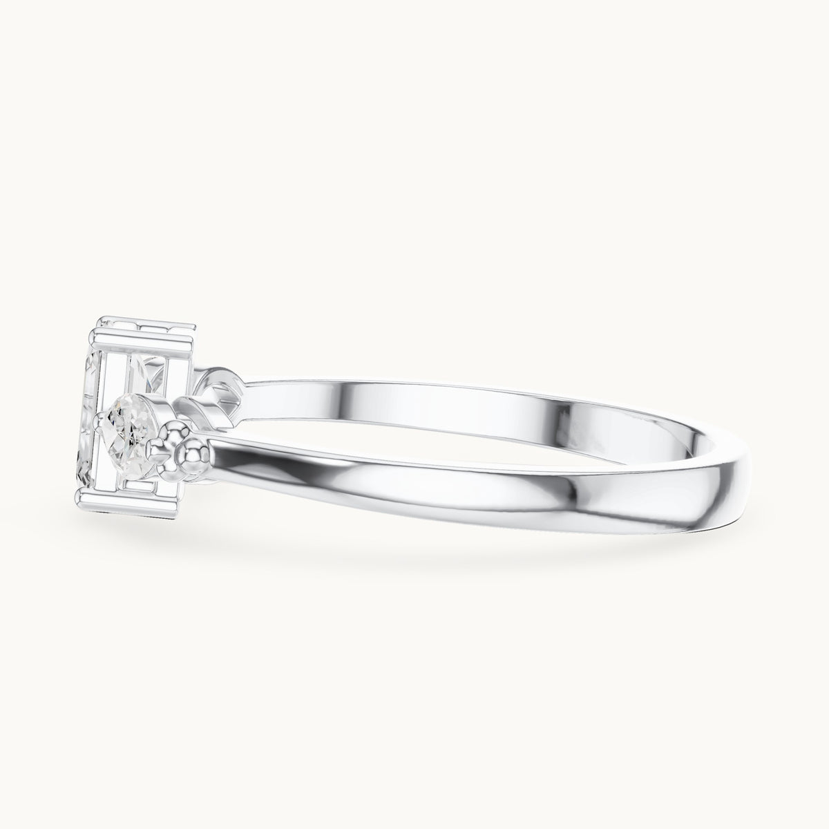 Emerald and marquise lab-grown diamond three-stone engagement ring with side stones in white gold, 0.55 CT TW, view 3