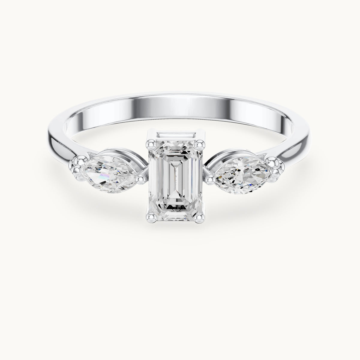Emerald and marquise lab-grown diamond three-stone engagement ring with side stones in white gold, 0.55 CT TW, view 4