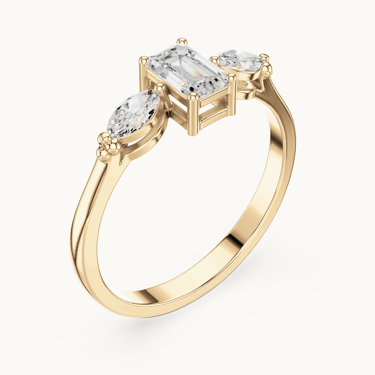 Emerald and marquise lab-grown diamond three-stone engagement ring with side stones in yellow gold, 0.55 CT TW, view 2
