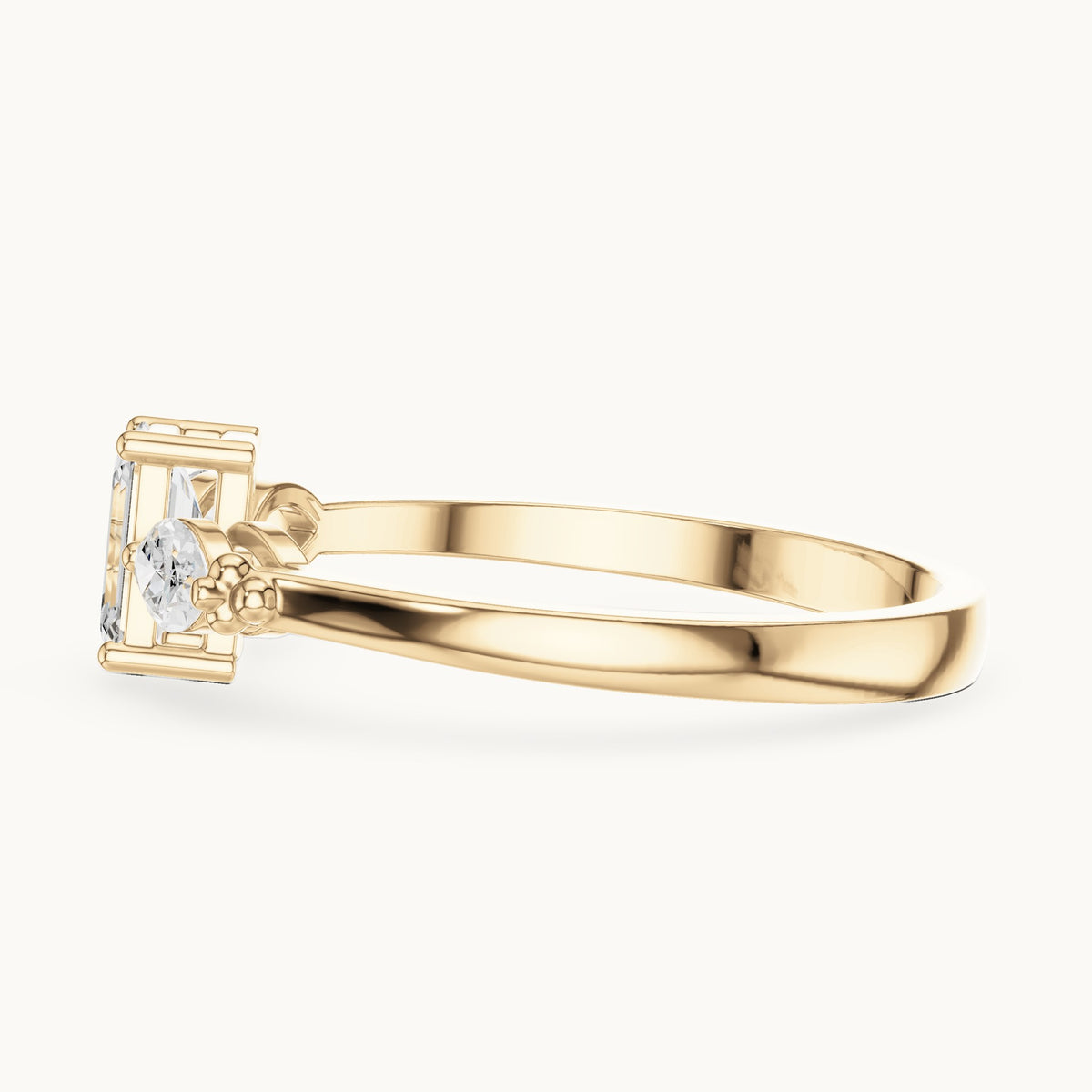 Emerald and marquise lab-grown diamond three-stone engagement ring with side stones in yellow gold, 0.55 CT TW, view 3