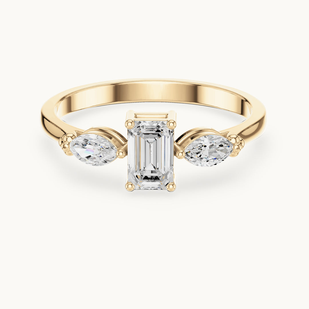 Emerald and marquise lab-grown diamond three-stone engagement ring with side stones in yellow gold, 0.55 CT TW, view 4