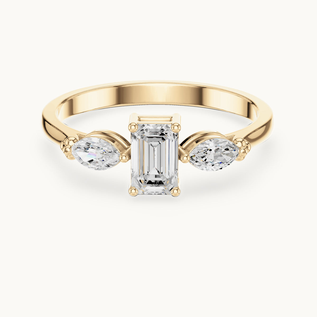 Emerald and marquise lab-grown diamond three-stone engagement ring with side stones in yellow gold, 0.55 CT TW, view 4