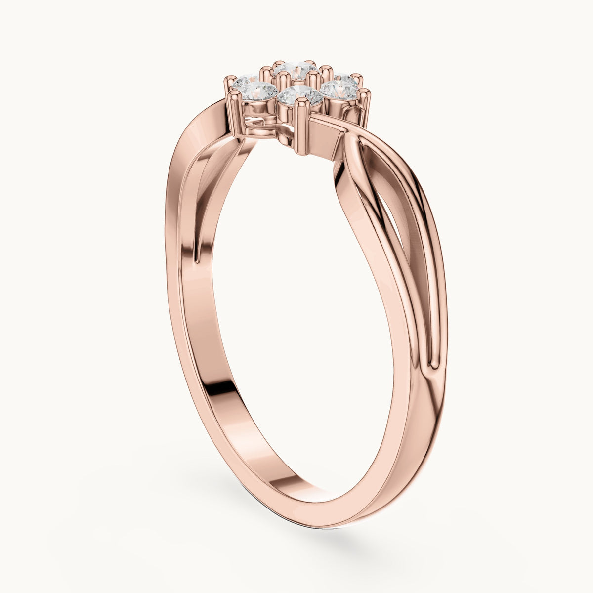 Round lab-grown diamond flower cluster ring with twisted band in rose gold, 0.18 CT TW, view 1