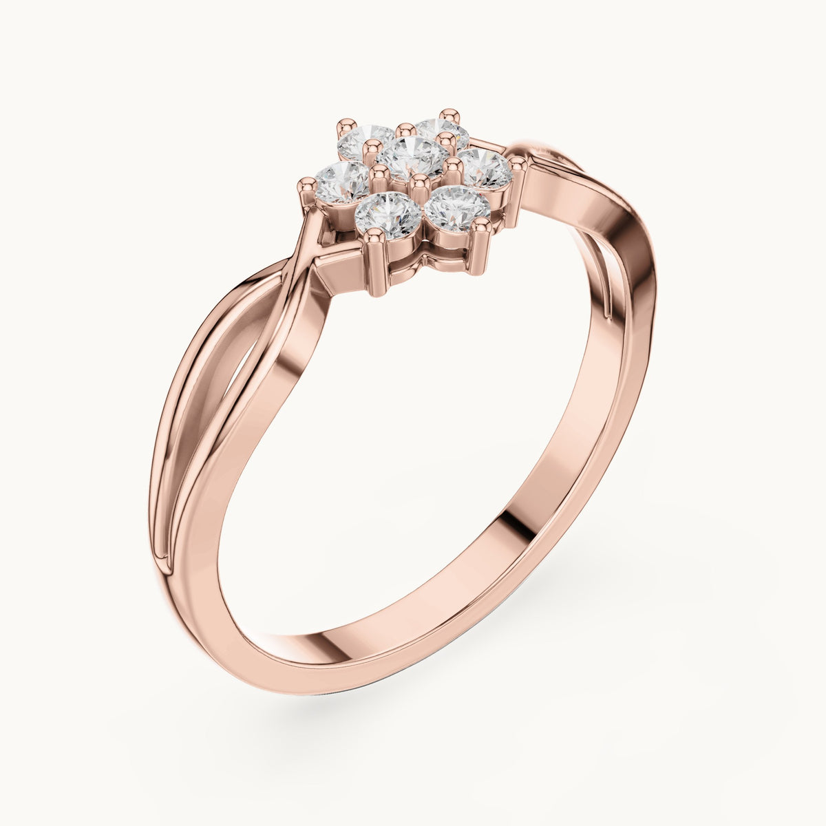 Round lab-grown diamond flower cluster ring with twisted band in rose gold, 0.18 CT TW, view 2